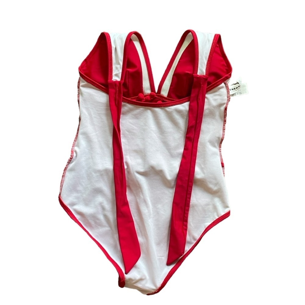 Red and White Plunging Neck Halter Mesh Pom Pom Tassel One Piece Swimsuit Size - Picture 8 of 11